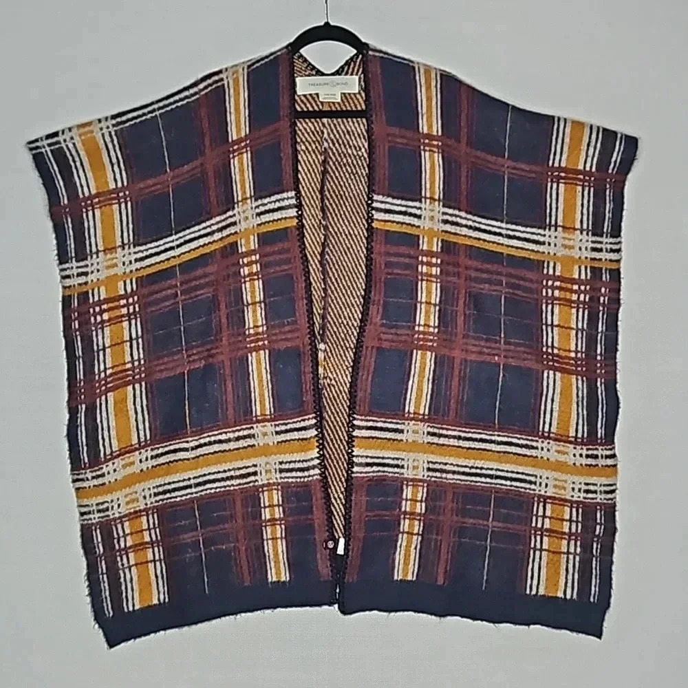 Treasure & Bond Plaid Poncho Navy Burgundy Marigold Sweater Cape